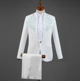 Xituodai White Embroidered Diamond Suit Men Wedding Groom Tuxedo Suits Mens Stand Collar Prom Stage Costume Mens Suits with Pants Ternos