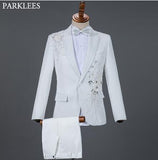 Xituodai White Embroidered Diamond Suit Men Wedding Groom Tuxedo Suits Mens Stand Collar Prom Stage Costume Mens Suits with Pants Ternos