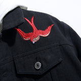 Xituodai Men&#39;s Rose Flower Bird Embroidery Black Jean Jacket Trendy Denim Coat Top OuterwearXituodai