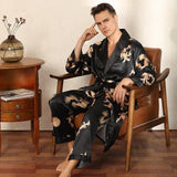 Xituodai Male Satin Sleepwear Robe&amp;Pants 2PCS Pajamas Set Print Men Nightwear Kimono Bathrobe Gown Faux Silk Lounge Wear Home Clothes