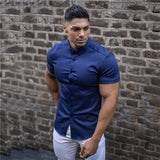 Xituodai Men Fashion Casual Short Sleeve Solid Shirt Super Slim Fit Male Social Business Dress Shirt Brand Men Fitness Sports Clothing