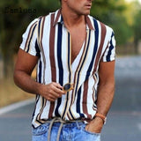 Xituodai Men Skinny Tops Model Shirt 2022 Short Sleeve Patchwork Stripe Blouse Single-Breasted Summer Casual Shirt Sexy Mens clothing