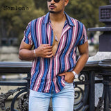 Xituodai Men Skinny Tops Model Shirt Short Sleeve Patchwork Stripe Blouse Single-Breasted Summer Casual Shirt Sexy Mens clothing