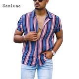 Xituodai Men Skinny Tops Model Shirt Short Sleeve Patchwork Stripe Blouse Single-Breasted Summer Casual Shirt Sexy Mens clothing