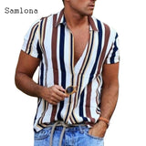 Xituodai Men Skinny Tops Model Shirt Short Sleeve Patchwork Stripe Blouse Single-Breasted Summer Casual Shirt Sexy Mens clothing