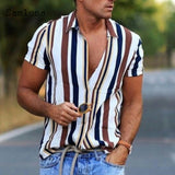 Xituodai Men Skinny Tops Model Shirt Short Sleeve Patchwork Stripe Blouse Single-Breasted Summer Casual Shirt Sexy Mens clothing