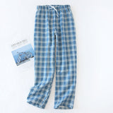 Xituodai Men&#39;s Cotton Gauze Trousers Plaid Knitted Sleep Pants Woman Pajamas Pants Bottoms Sleepwear Short for Couples Pijama Hombre