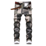 Xituodai Men&#39;s Patch Patchwork Printed Jeans Fashion Slim Straight Stretch Denim Pants Plaid Digital Painted Trousers