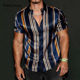 Xituodai Men Skinny Tops Model Shirt 2022 Short Sleeve Patchwork Stripe Blouse Single-Breasted Summer Casual Shirt Sexy Mens clothing