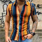 Xituodai Men Skinny Tops Model Shirt Short Sleeve Patchwork Stripe Blouse Single-Breasted Summer Casual Shirt Sexy Mens clothing