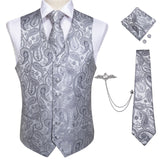 Xituodai Mens Classic Silver Paisley Folral Silk Waistcoat Vests Wedding Handkerchief Necktie Suit Vest Set Sleeveless Jacket DiBanGu