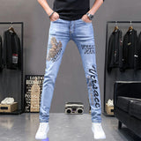 Xituodai Mens stretch denim print pants jeans Korea slimming trendy casual jeans all-match light luxury men jeans .