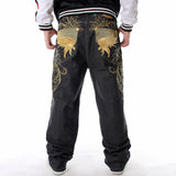 Xituodai Mens Jeans Top Rushed Stripe Loose Hip Hop Jeans Men Printed Hiphop Demin Pants Tide Trousers Embroidered Flower Wings