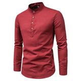 Xituodai Men Solid Color Stand Shirts Top Breathable Linen Long Sleeved Mens Slim Clothes Shirt National Style Male Casual Blouse Camisas