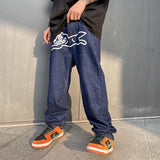Xituodai Dog Print Straight Loose Jeans Mens Retro High Street Oversize Casual Denim Trousers Harajuku Washed Hip Hop Jean Pants