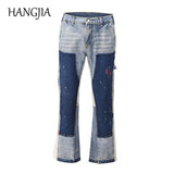 Xituodai Distressed Splash Ink Flare Jeans Urban Streetwear Patch Mens Graffiti Flared Jeans Hip Hop Washed Blue Slim Fit Denim Pants Men