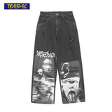 Xituodai 2022 Streetwear Abstract Funny Jeans Patchwork Printed Hip Hop Wide Leg Pants Men Hip Hop Jeans Men High Street Pants