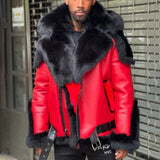 Xituodai Leather Men&#39;s Winter Jacket Thicken Velvet Fur Collar Hooded Zipper Color Block Patchwork Fashion Red Leather Jacket Men