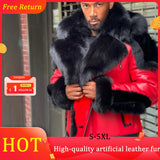 Xituodai Leather Men&#39;s Winter Jacket Thicken Velvet Fur Collar Hooded Zipper Color Block Patchwork Fashion Red Leather Jacket Men