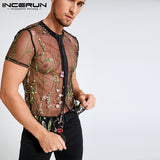 Xituodai Fashion Men Mesh Shirts Embroidered Short Sleeve Breathable Sexy See Through Tops 2022 Button Party Nightclub Shirts 5XL