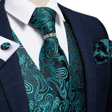 Xituodai Mens Classic Silver Paisley Folral Silk Waistcoat Vests Wedding Handkerchief Necktie Suit Vest Set Sleeveless Jacket DiBanGu