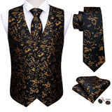 Xituodai 4PC Mens Extra Silk Vest Party Wedding Gold Paisley Solid Floral Waistcoat Vest Pocket Square Tie Suit Set Barry.Wang BM-2017