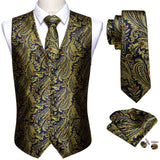 Xituodai 4PC Mens Extra Silk Vest Party Wedding Gold Paisley Solid Floral Waistcoat Vest Pocket Square Tie Suit Set Barry.Wang BM-2017