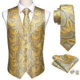 Xituodai 4PC Mens Extra Silk Vest Party Wedding Gold Paisley Solid Floral Waistcoat Vest Pocket Square Tie Suit Set Barry.Wang BM-2017