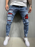 Xituodai MAN Elastic Waist Patchwork Jogging Denim Trousers Men&#39;s Quilted Embroidered jeans Skinny Jeans Ripped Grid Stretch Denim Pants