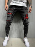 Xituodai MAN Elastic Waist Patchwork Jogging Denim Trousers Men&#39;s Quilted Embroidered jeans Skinny Jeans Ripped Grid Stretch Denim Pants