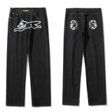 Xituodai Dog Print Straight Loose Jeans Mens Retro High Street Oversize Casual Denim Trousers Harajuku Washed Hip Hop Jean Pants