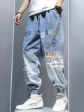 Xituodai Graffiti Printing Jeans Men&#39;s Gradient Hip Hop Trousers Harem Cartoon Loose Casual Ankle Banded Pants Cargo Denim Jeans for Men