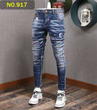 Xituodai Fashion Streetwear Men Jeans Slim Fit Elastic Destroyed Ripped Denim Trousers Painted Spliced Designer Hip Hop Punk Biker Pants