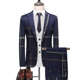 Xituodai Men Wedding Plaid Blue Gray Blazers Jacket Pants Vest 3 Pcs Set  202 Slim Fit Business Tuxedo Dress Classic Formal Suits Coat