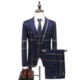 Xituodai Men Wedding Plaid Blue Gray Blazers Jacket Pants Vest 3 Pcs Set  202 Slim Fit Business Tuxedo Dress Classic Formal Suits Coat