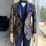 Xituodai Jacquard Floral Tuxedo Suits for Men Wedding Slim Fit Navy Blue and Gold Gentleman Jacket with Vest Pant 3 Piece Male Costume