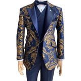 Xituodai Jacquard Floral Tuxedo Suits for Men Wedding Slim Fit Navy Blue and Gold Gentleman Jacket with Vest Pant 3 Piece Male Costume