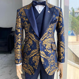 Xituodai Jacquard Floral Tuxedo Suits for Men Wedding Slim Fit Navy Blue and Gold Gentleman Jacket with Vest Pant 3 Piece Male Costume