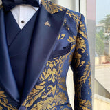 Xituodai Jacquard Floral Tuxedo Suits for Men Wedding Slim Fit Navy Blue and Gold Gentleman Jacket with Vest Pant 3 Piece Male Costume