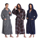 Xituodai Men Lacing Kimono Bathrobe Winter Solid Long Robe With Pockets Thick Warm Hooded Sleepwear Nightgown Male Loose Homewear