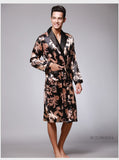 Xituodai Men Silk Summer and Autumn Satin Kimono Bathrobe Golden Dragon Knee Length Long Sleeve Black Bath Robe Dressing Gown Sleepwear