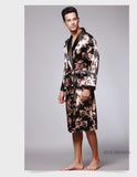 Xituodai Men Silk Summer and Autumn Satin Kimono Bathrobe Golden Dragon Knee Length Long Sleeve Black Bath Robe Dressing Gown Sleepwear