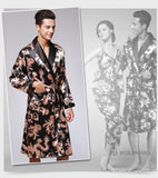 Xituodai Men Silk Summer and Autumn Satin Kimono Bathrobe Golden Dragon Knee Length Long Sleeve Black Bath Robe Dressing Gown Sleepwear