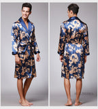 Xituodai Men Silk Summer and Autumn Satin Kimono Bathrobe Golden Dragon Knee Length Long Sleeve Black Bath Robe Dressing Gown Sleepwear