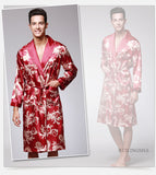 Xituodai Men Silk Summer and Autumn Satin Kimono Bathrobe Golden Dragon Knee Length Long Sleeve Black Bath Robe Dressing Gown Sleepwear