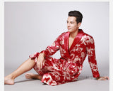 Xituodai Men Silk Summer and Autumn Satin Kimono Bathrobe Golden Dragon Knee Length Long Sleeve Black Bath Robe Dressing Gown Sleepwear