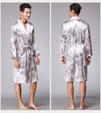 Xituodai Men Silk Summer and Autumn Satin Kimono Bathrobe Golden Dragon Knee Length Long Sleeve Black Bath Robe Dressing Gown Sleepwear