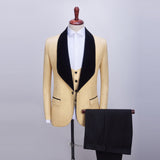 Xituodai 2022 New Men&#39;s Casual Boutique Business Big Black Collar Suit / Male Jacquard Dark Pattern Blazers Jacket Pants Vest 3 Pcs Set