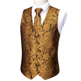 Xituodai 4PC Mens Extra Silk Vest Party Wedding Gold Paisley Solid Floral Waistcoat Vest Pocket Square Tie Suit Set Barry.Wang BM-2017