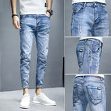 Xituodai 2022 Teenagers Denim Jeans Men&#39;s Korean Feet Brand Stretch Men&#39;s Trousers Summer Thin Casual Ripped Ankle Length Pants